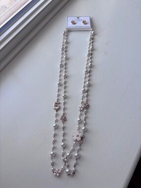 Pearl & Floral Station Long Necklace - Blush Pink